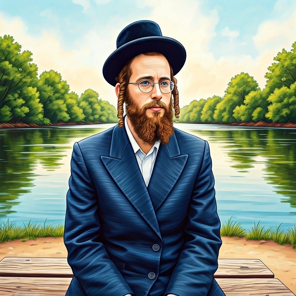 Watercolor Sketch of Young Hasidic Jew by River