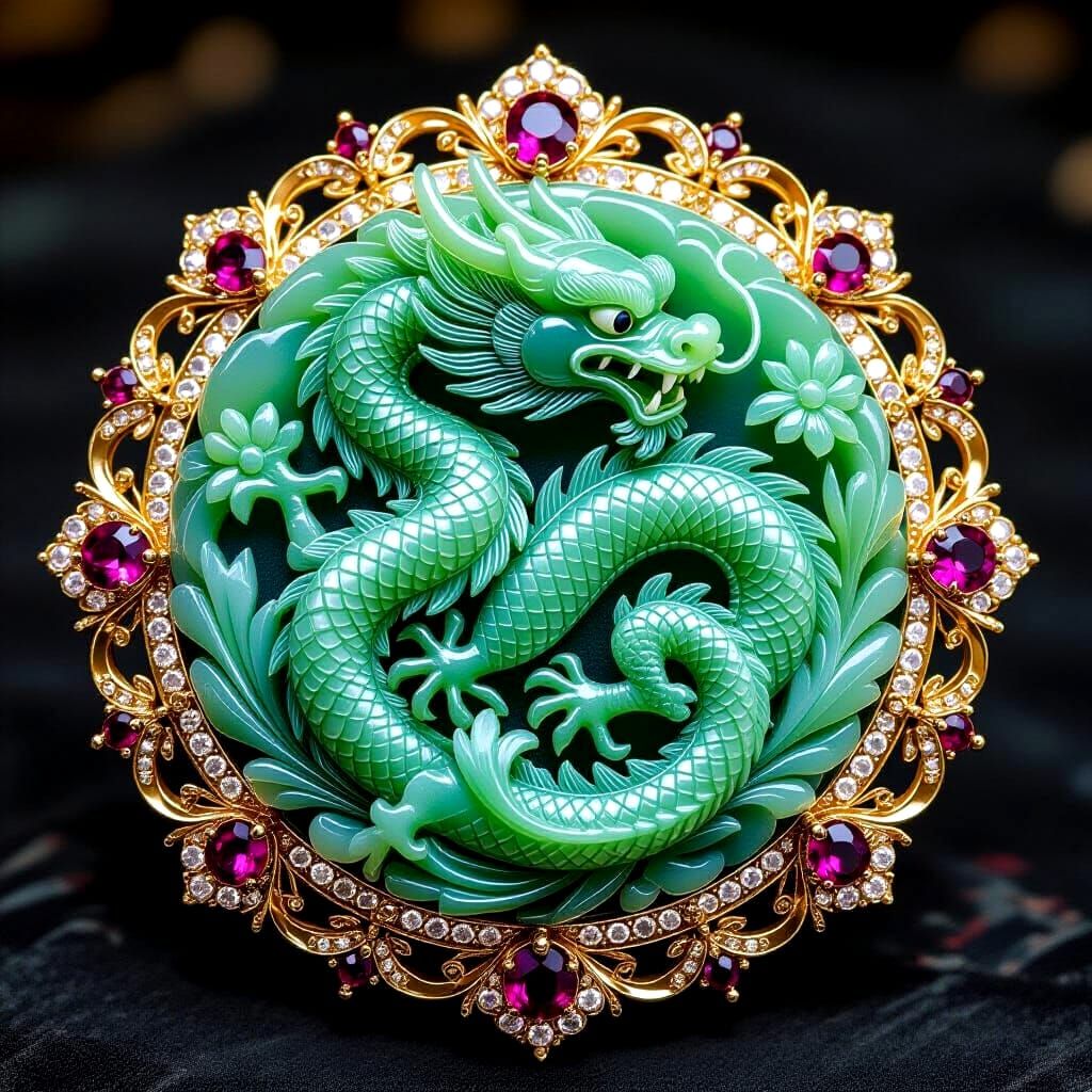 Art Deco Carved Jade Dragon Rococo Brooch