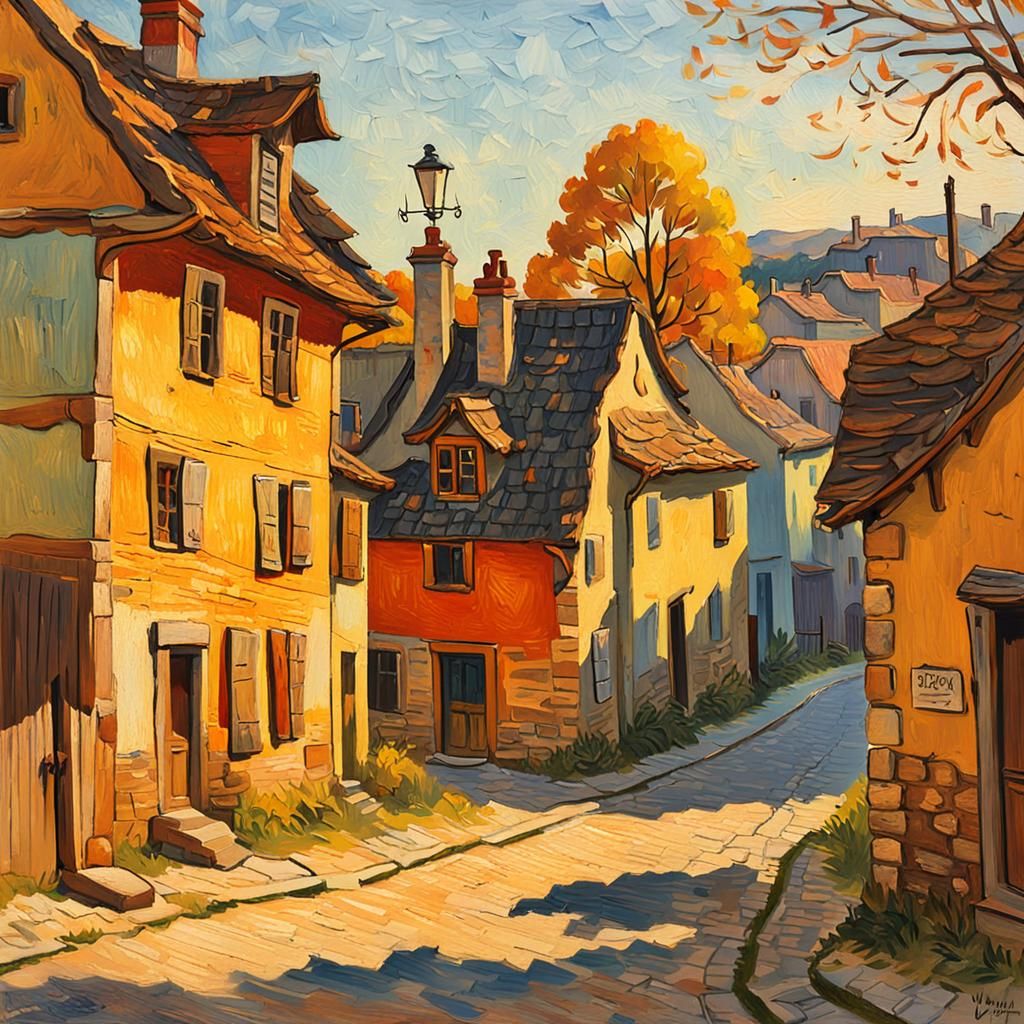 Rustic Impressionist Townscape in Warm Sunlight