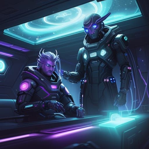 Cyborg Space Ship Comforts the Wise in a Vibrant Nebula