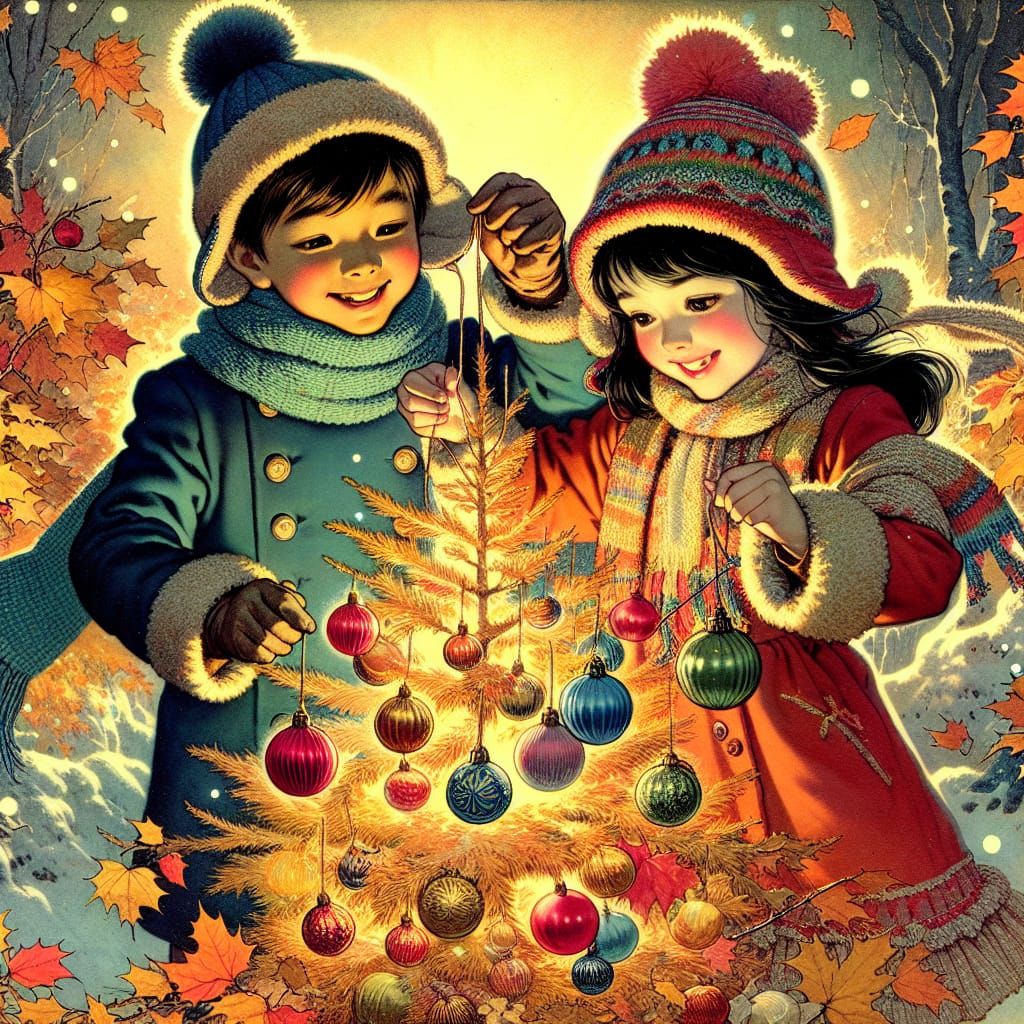 Children Decorate Autumn Tree for Christmas