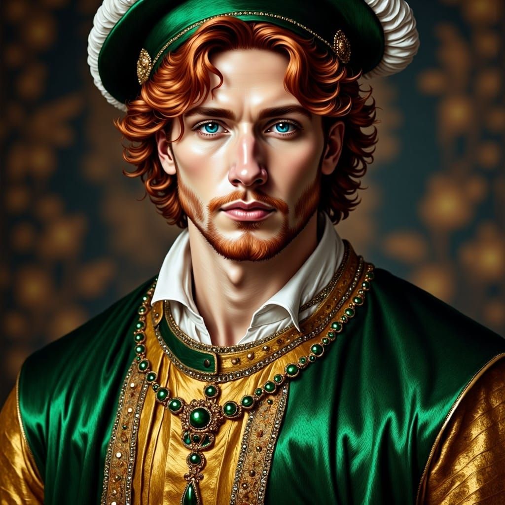 Young King Henry VIII Tudor in Green Velvet and Gold Regalia