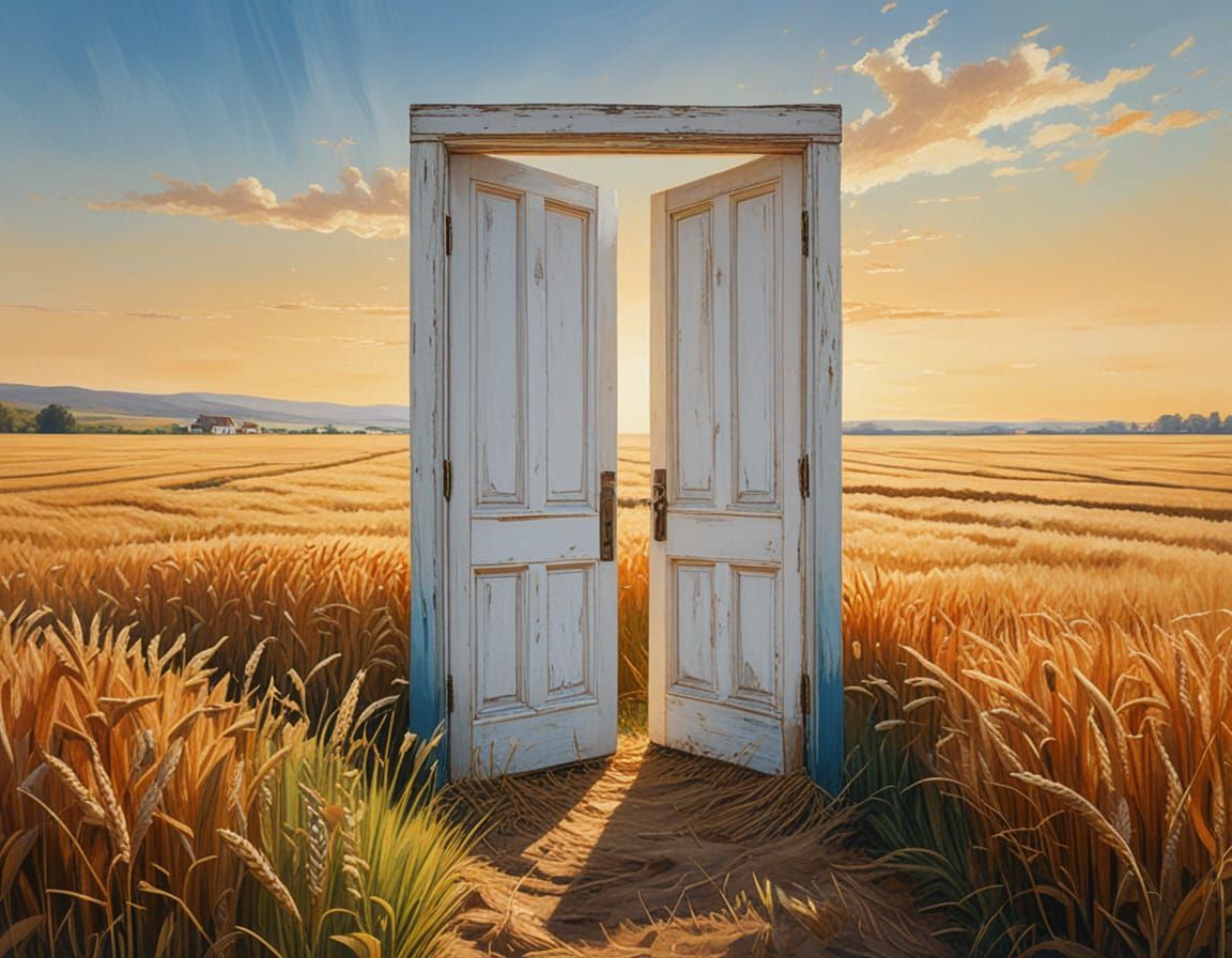 Surreal Doorway in Golden Wheat Field: Oil Painting