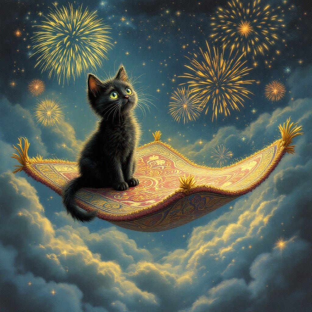 Kitten's Magic Carpet Ride Under Fireworks, Storybook Style