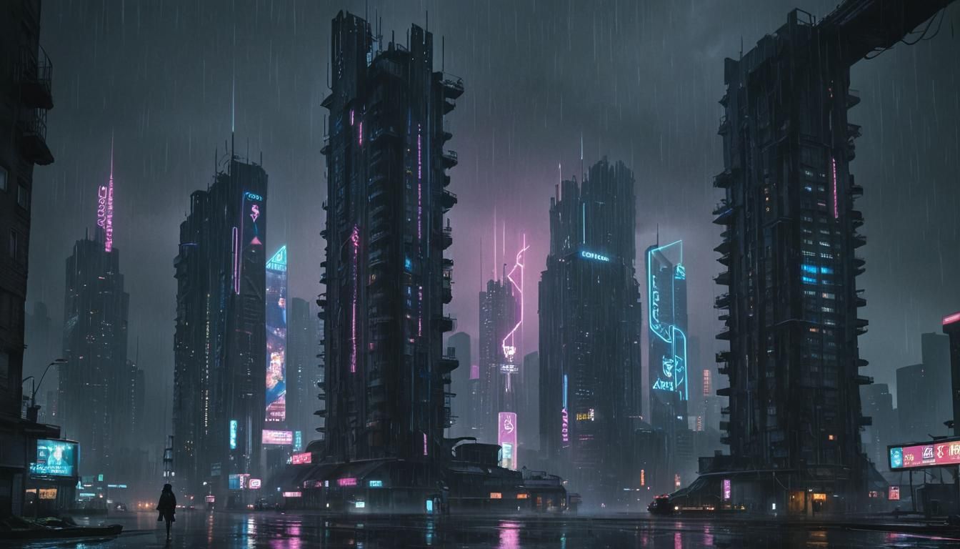 Cyberpunk Cityscape Panorama with Neon Holograms