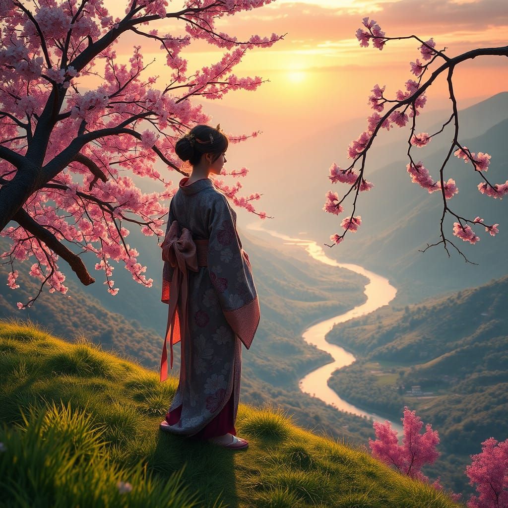 A Traditional Japanese Woman in Cherry Blossom Paradise