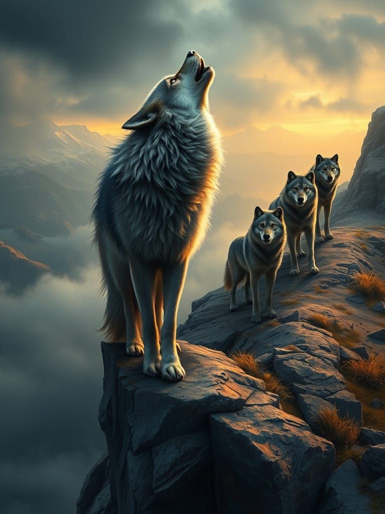 Majestic Grey Wolf howls on Windswept Cliff in Wilderness La...