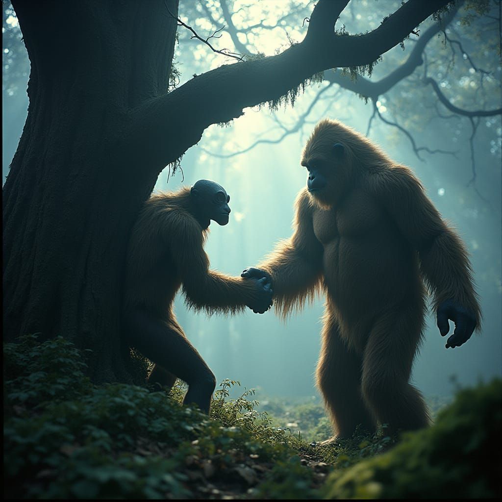 Sasquatch and Yeti Unite in Forest Encounter