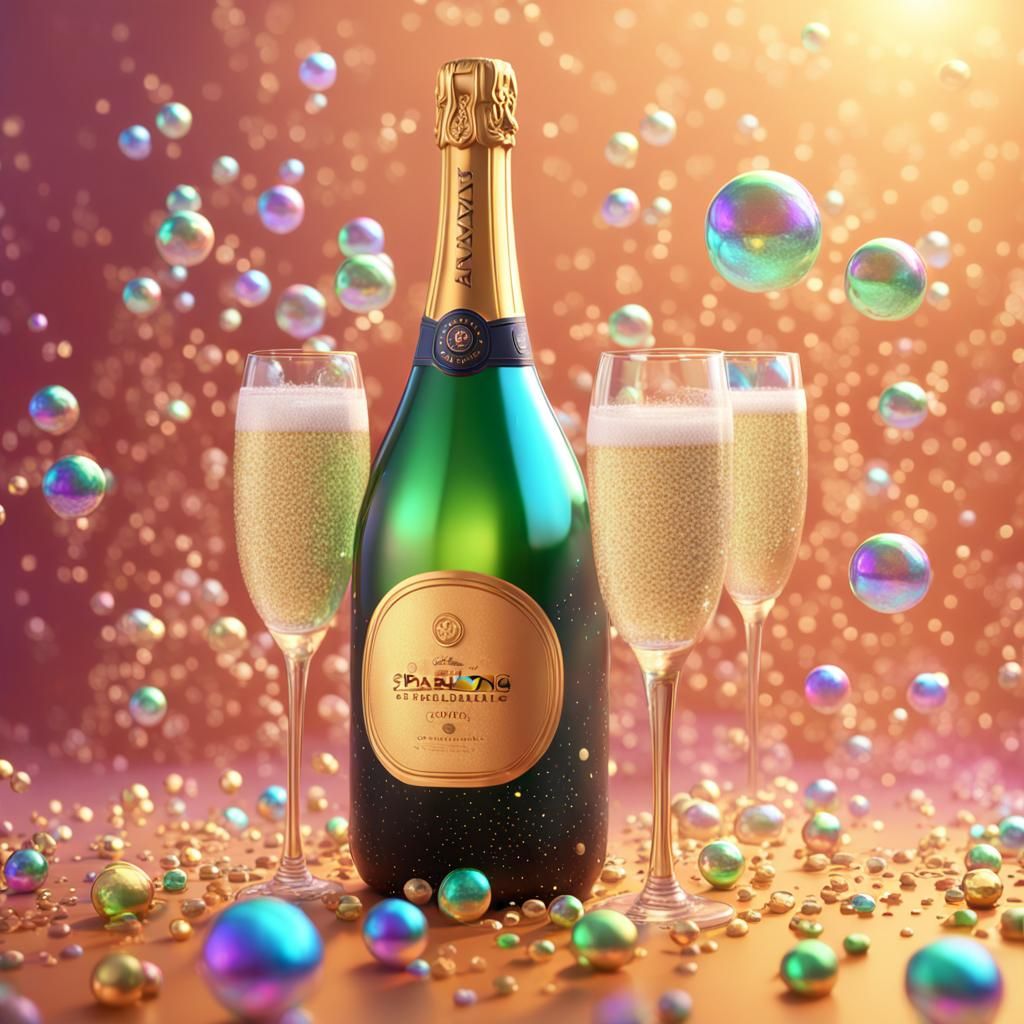 Iridescent Champagne Bubbles in 3D Digital Art