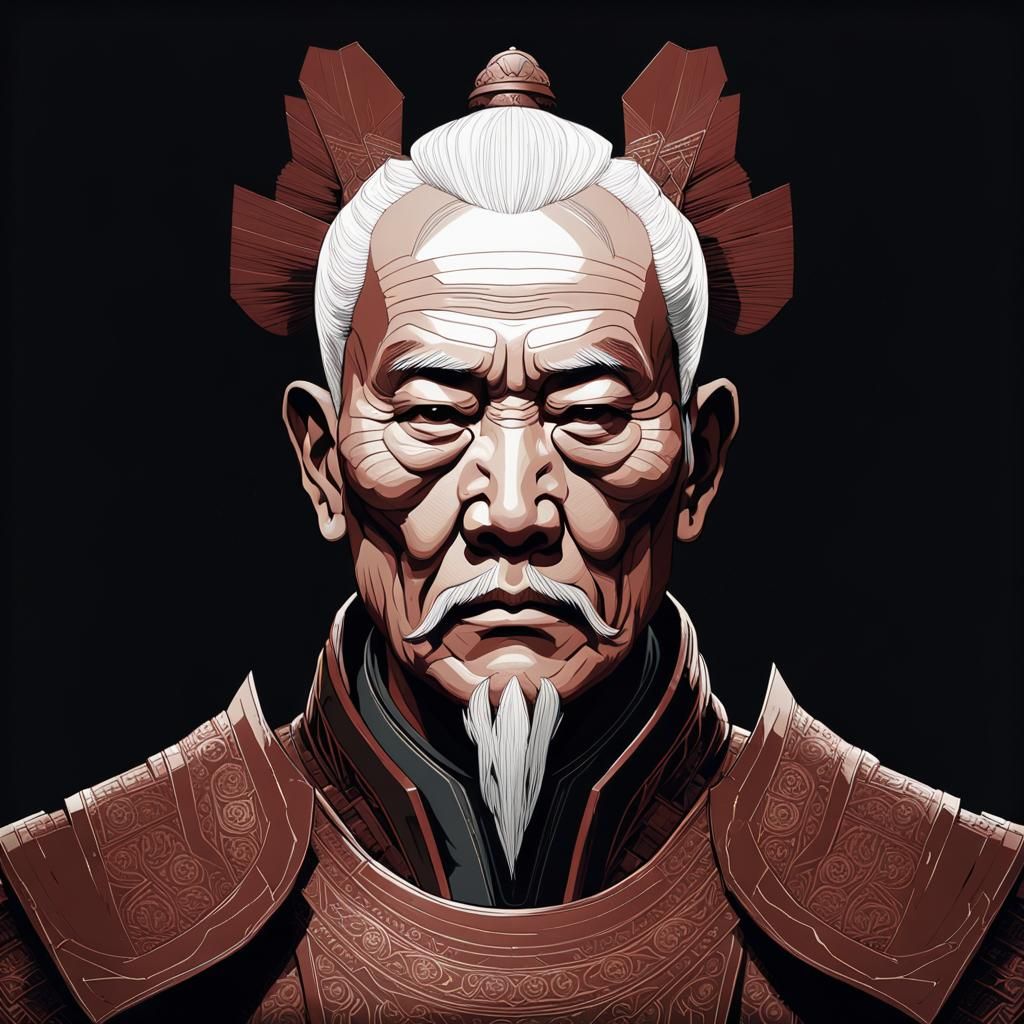 Asian Emperor in Red Armor: Minimalist Vector Portrait