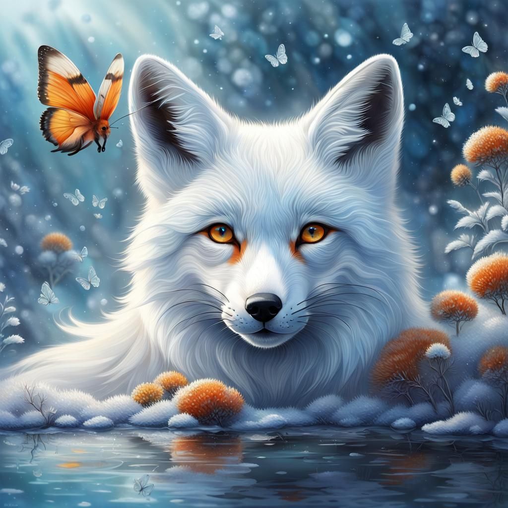 Snow Fox with Iridescent Butterfly: Watercolor Painting