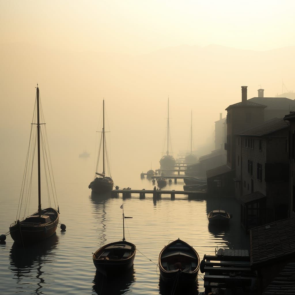 Ancient Portus Pisanus at Dawn, with Silhouetted Sailboats a...