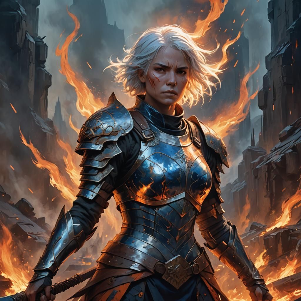 Fierce Female Warrior in Fiery Fantasy Landscape
