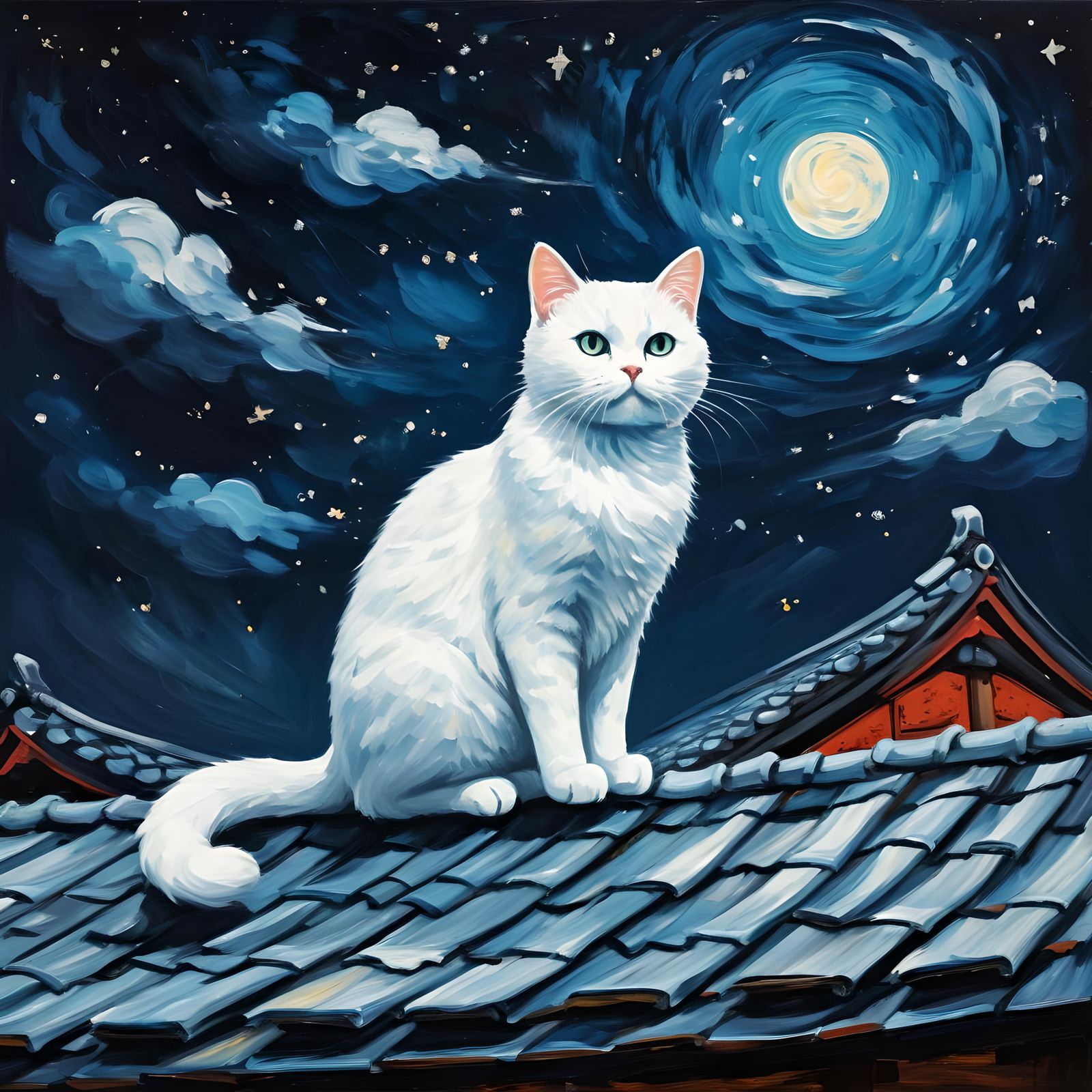 White Cat on Japanese Roof: Impasto Oil Painting