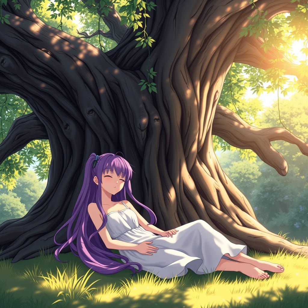 Anime Girl Sleeping Under Oak Tree in Golden Hour