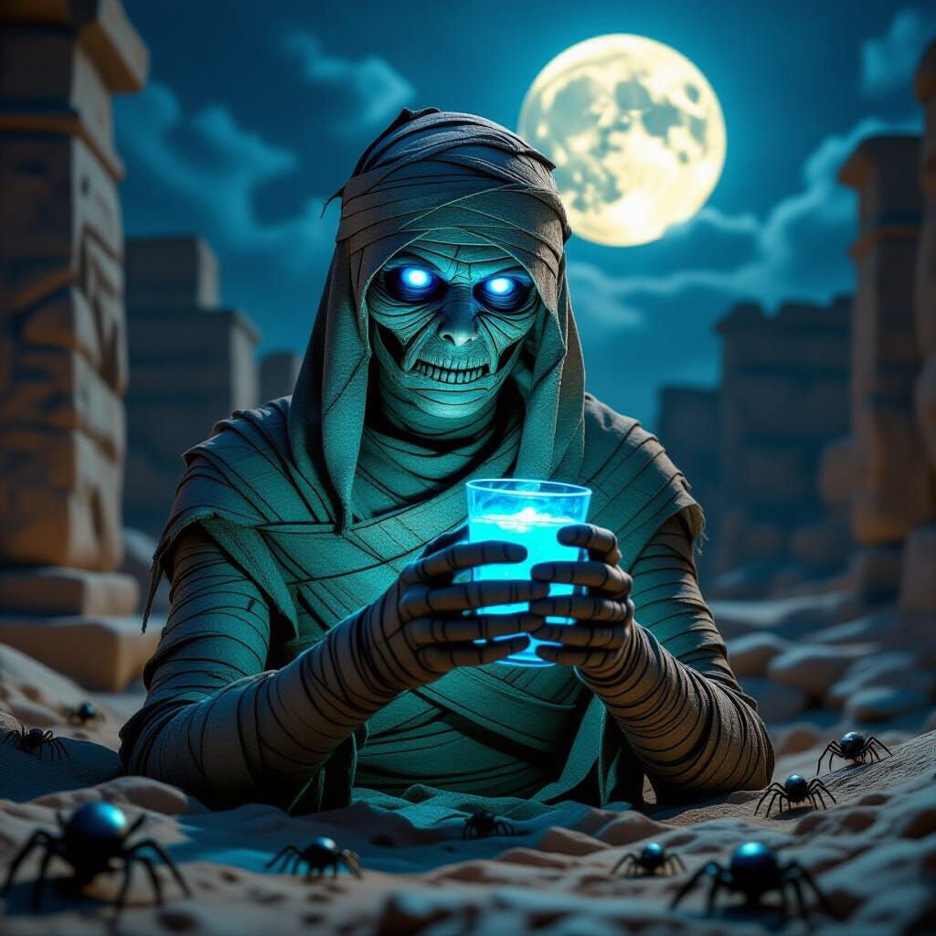 Mummy With Glowing Blue Eyes Holds Luminescent Drink