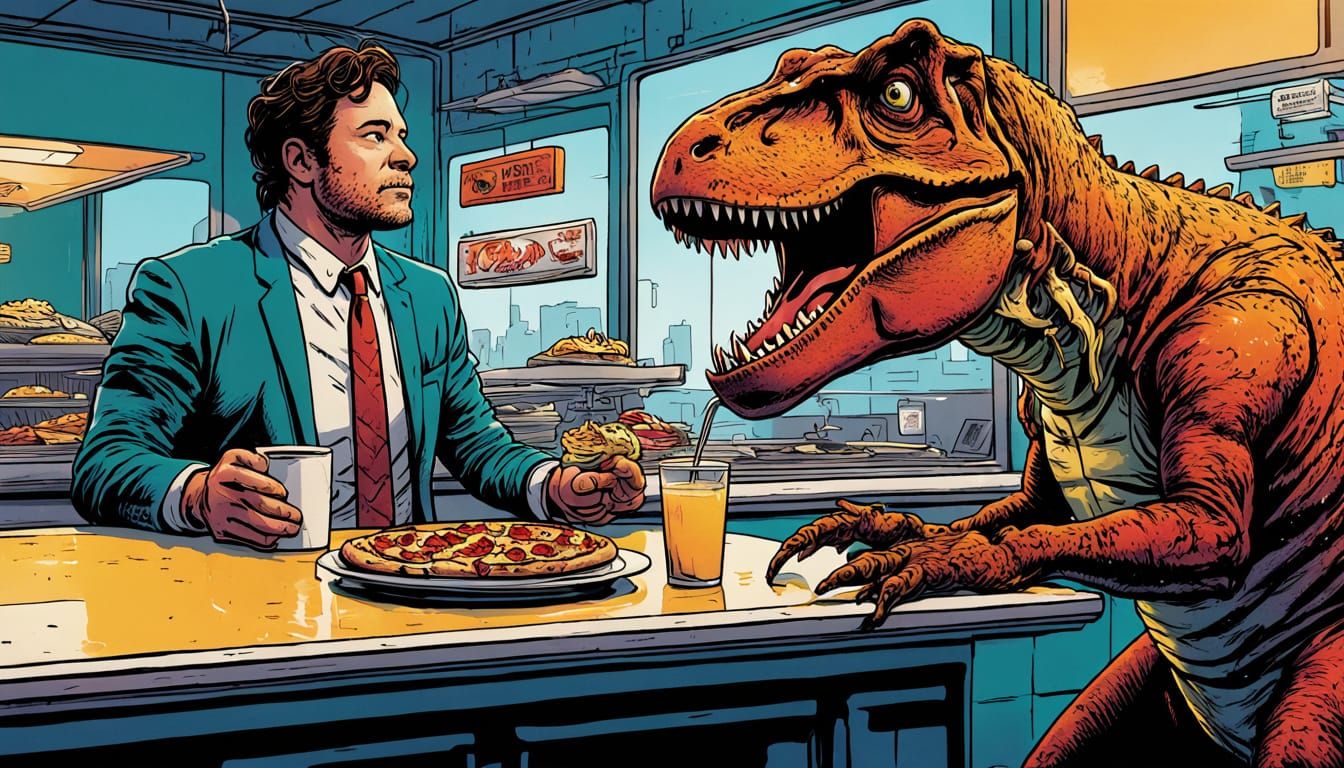 T-Rex Pizza Troubles: A Comic Diner Scene