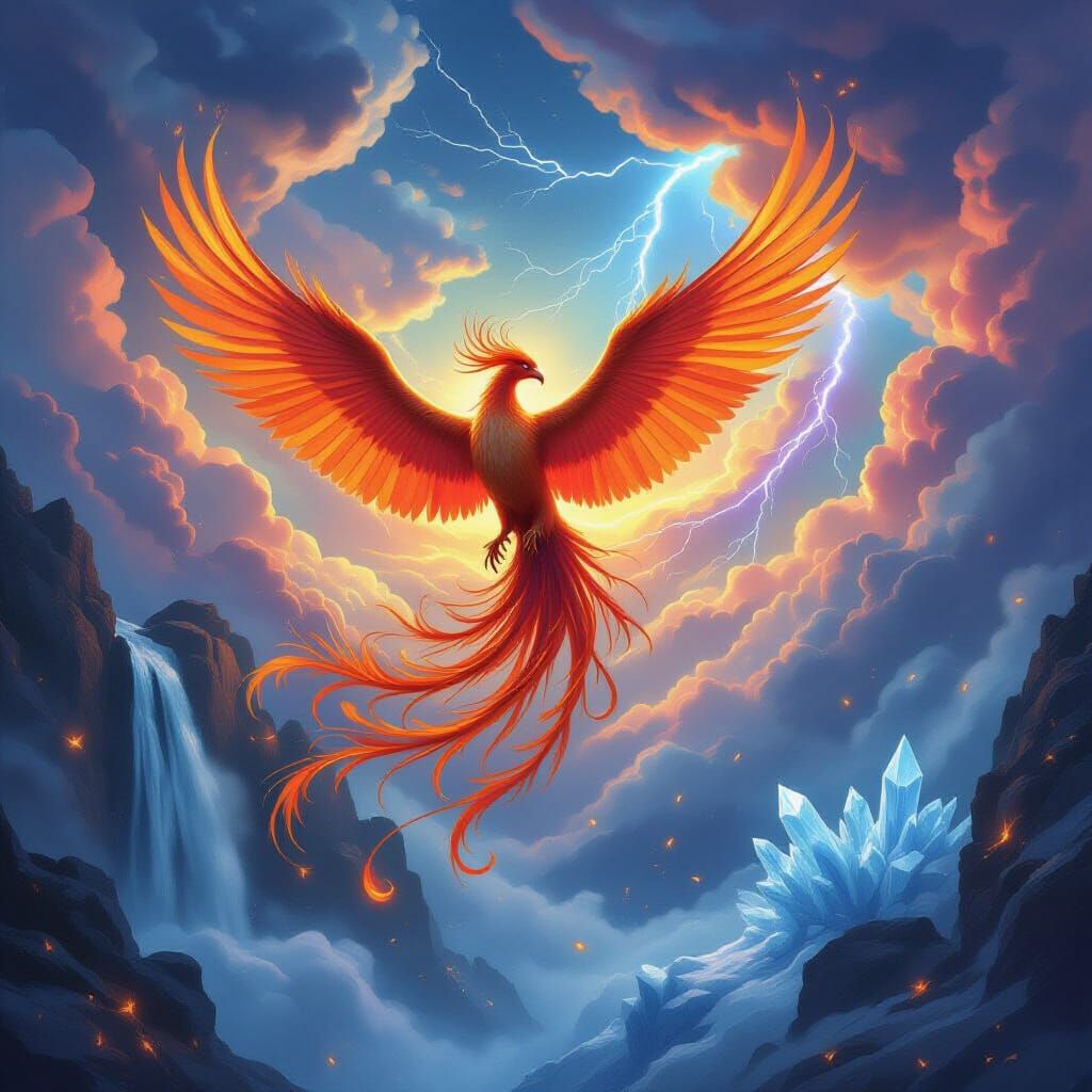 Phoenix Soars Through Elemental Sky as Fantasy Digital Paint...