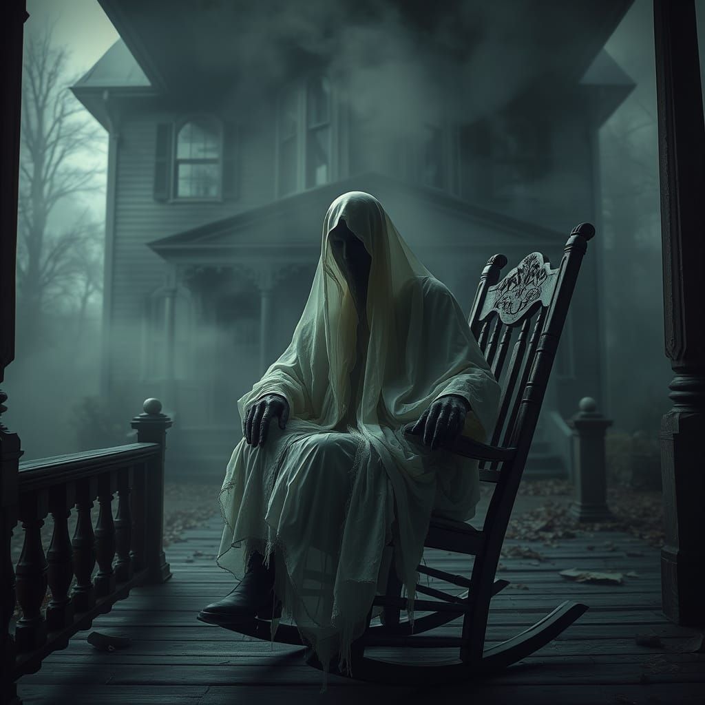 Ghostly Figure on a Victorian Porch in Photorealistic Style