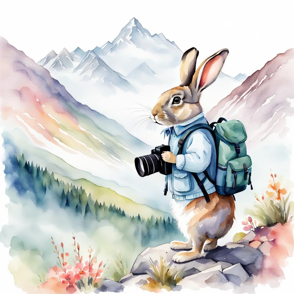 Rabbit with Camera in Mountain Landscape, Watercolor Illustr...