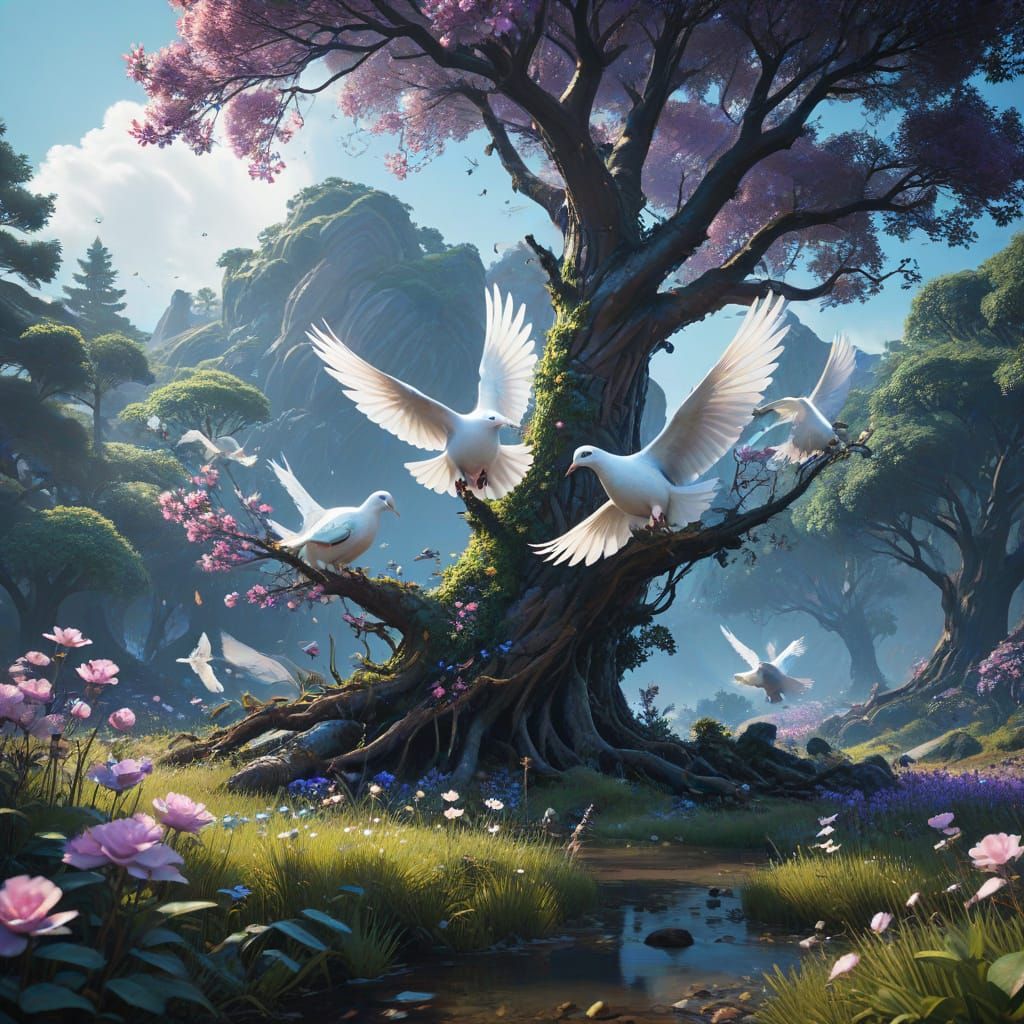 Ethereal Doves Soar in Vibrant Paradise