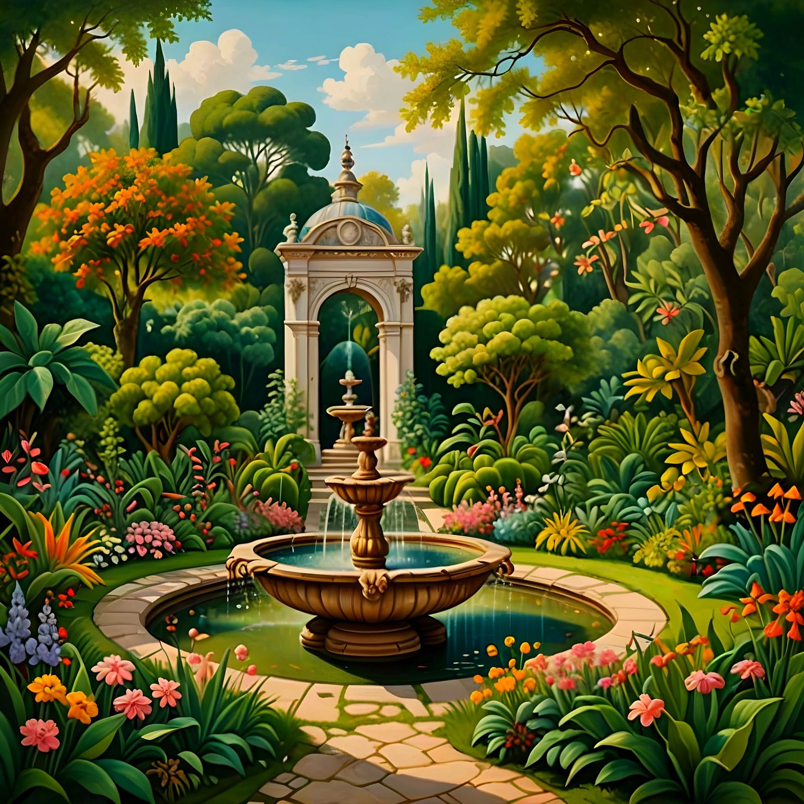 Baroque Masterpiece: Enchanting Garden Scene with Majestic F...