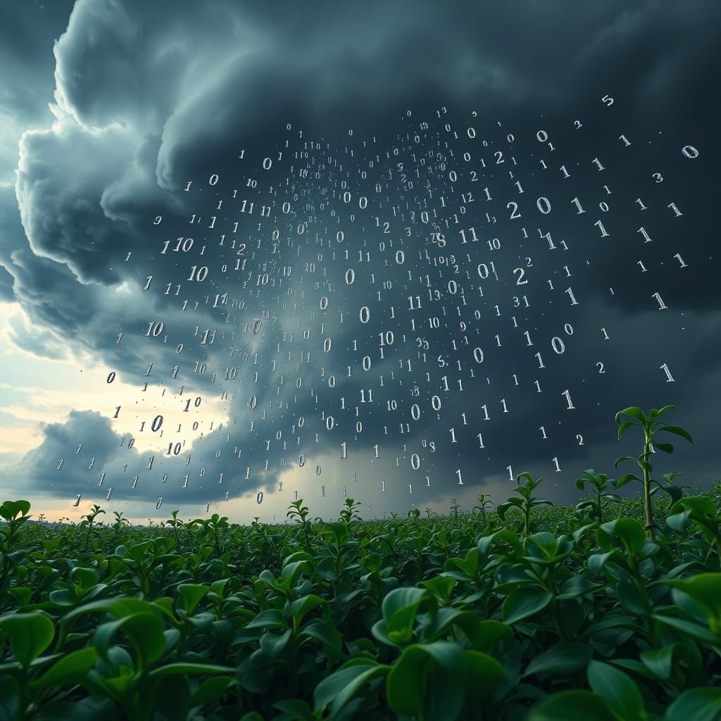 Hyper-Realistic Rain of Binary Code in a Lush Digital Landsc...