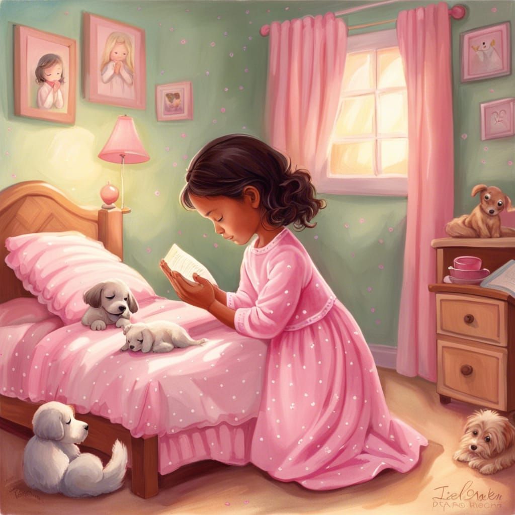 Girl and Puppy Praying Together