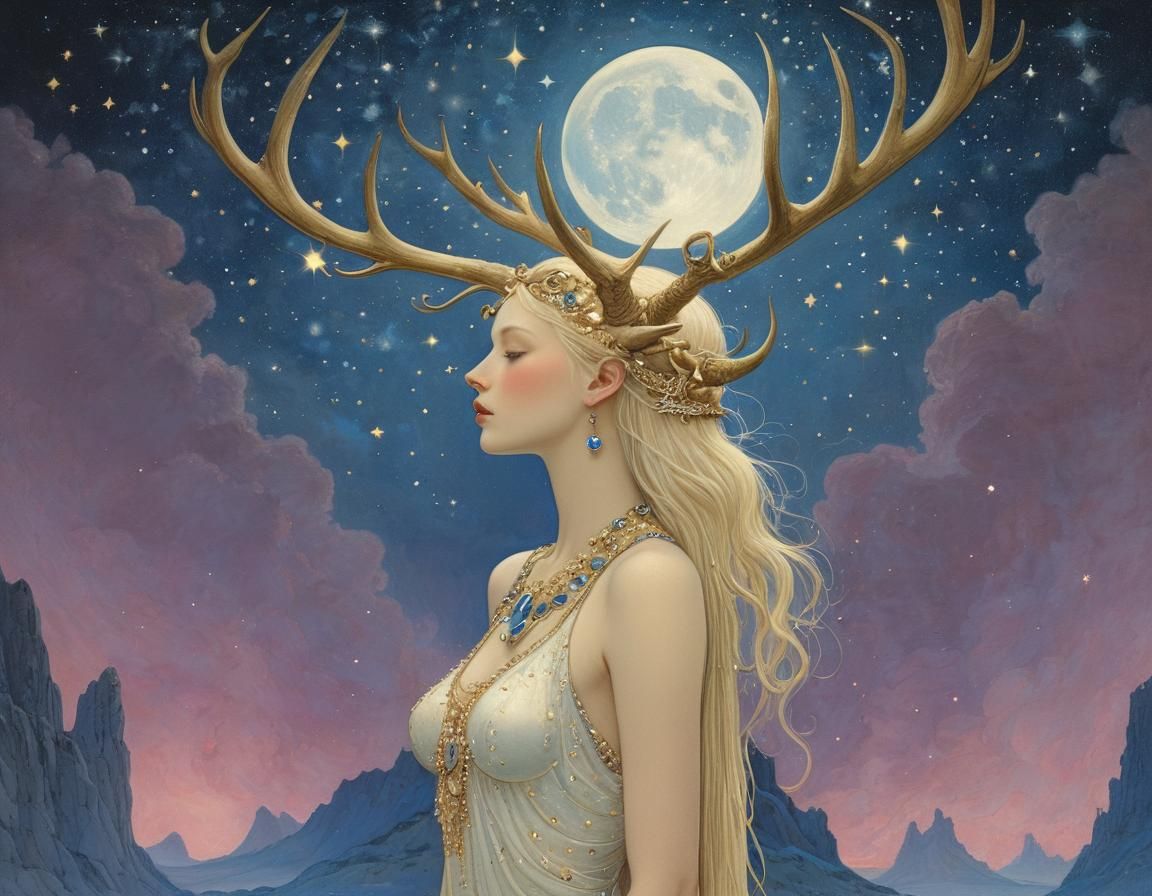 Fantasy Woman with Antlers in Art Nouveau Style