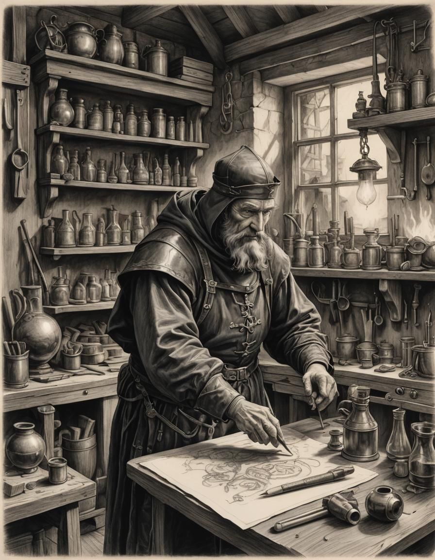 Medieval Alchemist: Striking Charcoal Pencil Sketch