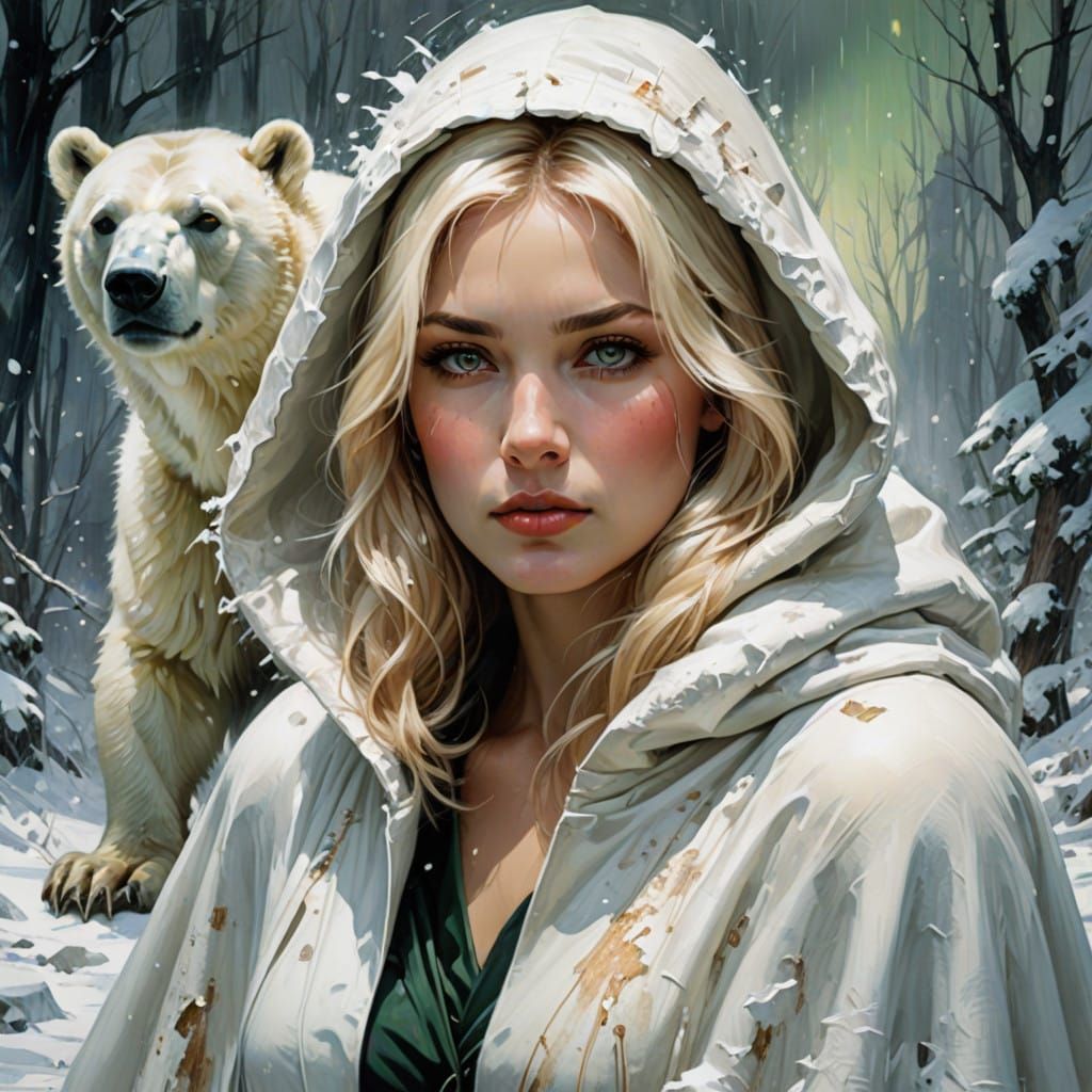 Ethereal Polar Bear and Snow Queen in a Winter Wonderland