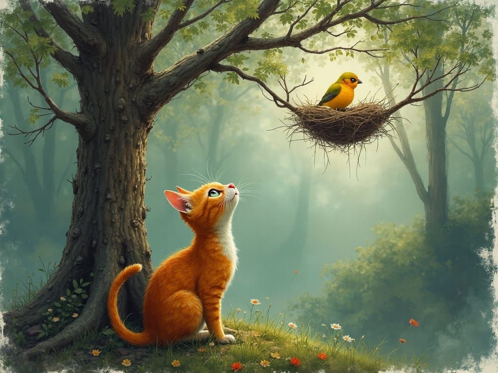 Cat Staring at Bird in Tree: Rough Art