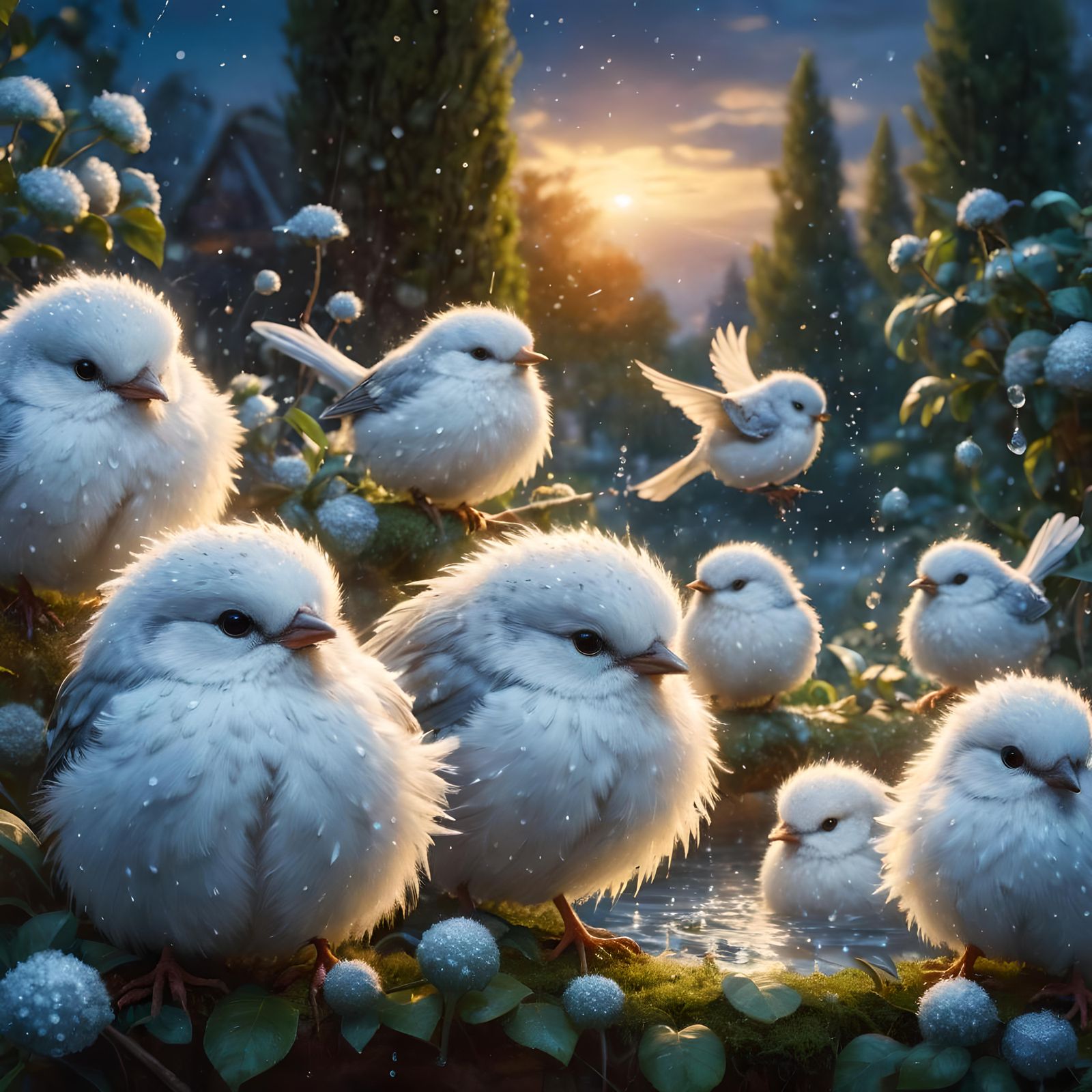 Snow White Birds Bathing: Hyperrealistic Digital Art