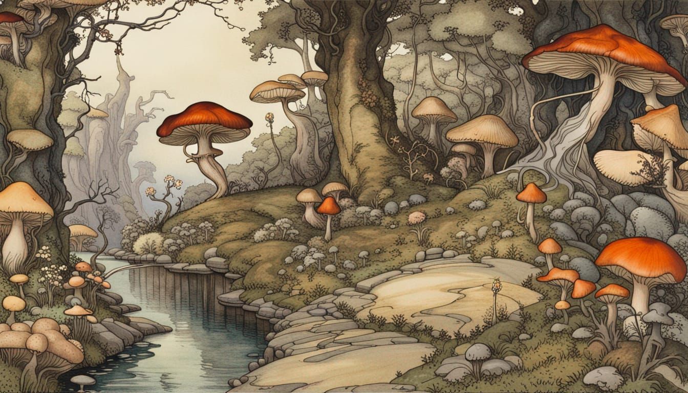 Fairies in Mushroom Landscape in Rackham Style