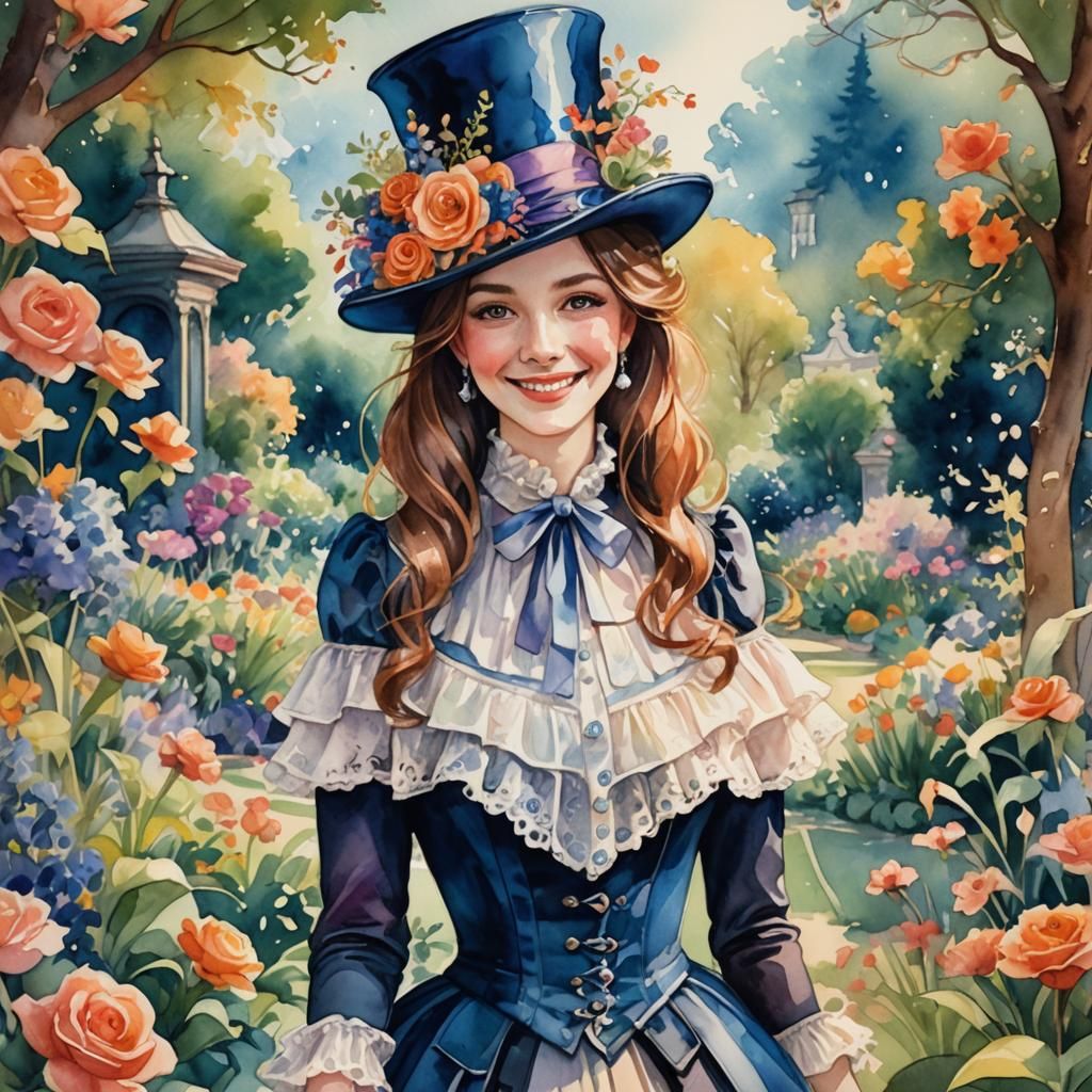 Victorian Woman in English Garden, Watercolor Fantasy