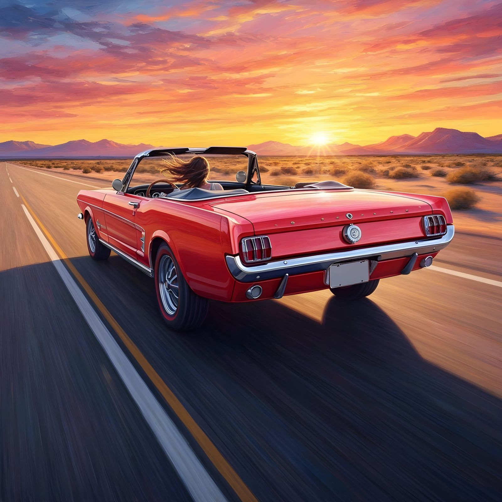 1965 Mustang Convertible Speeds Towards Desert Sunset