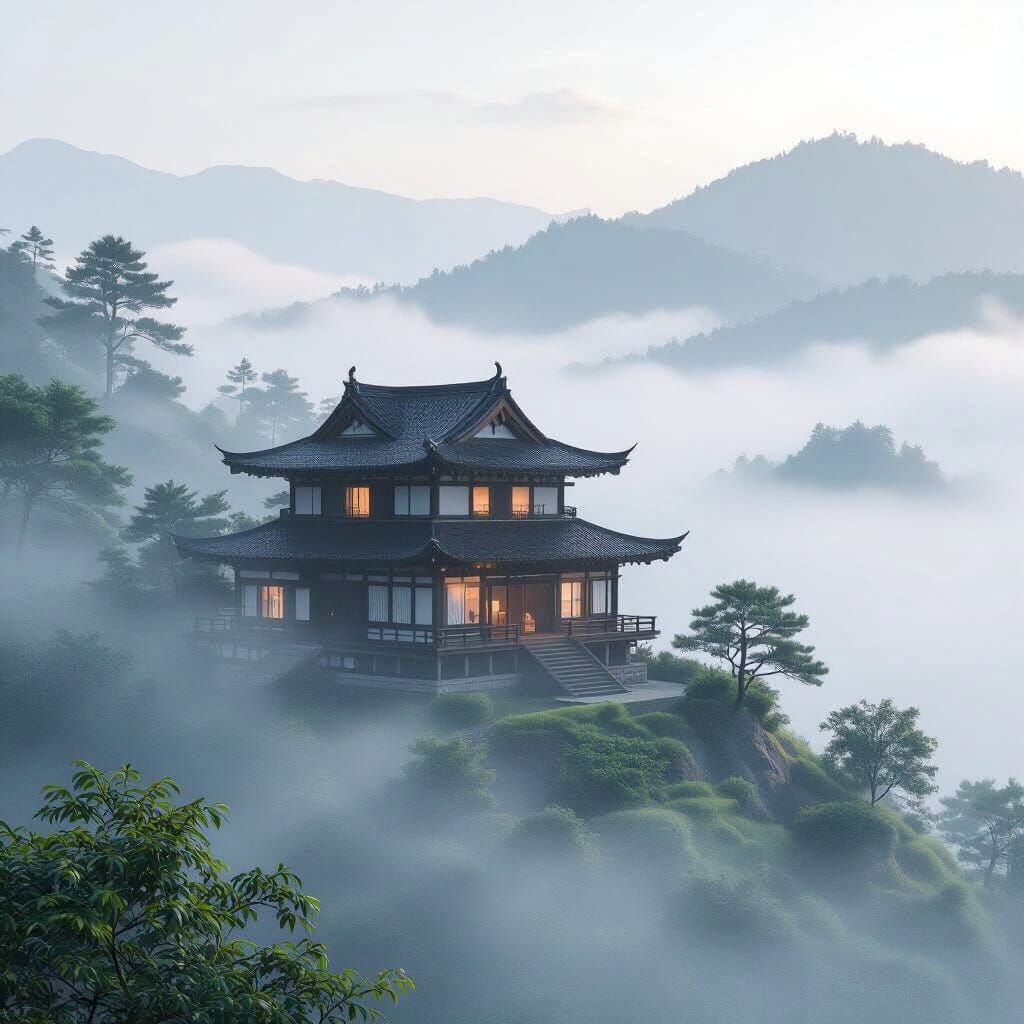 Ethereal Japanese House in Mysterious Fog