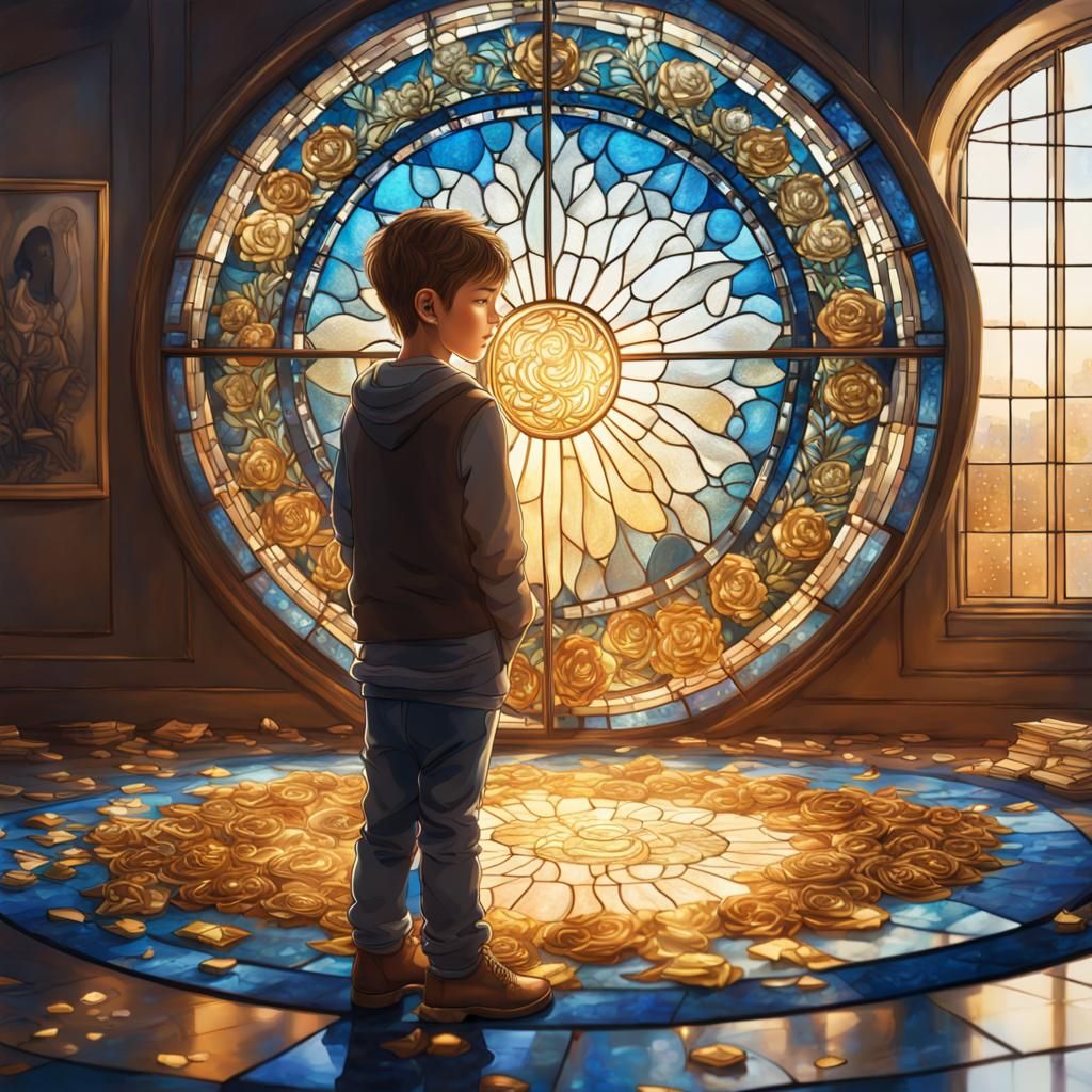 Boy in Cozy Office with Stained Glass Window