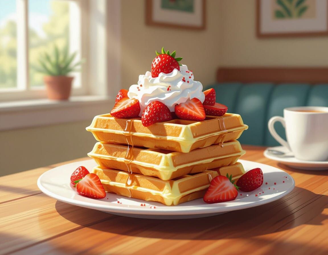Delicious Waffles with Strawberries in Illustrative Style