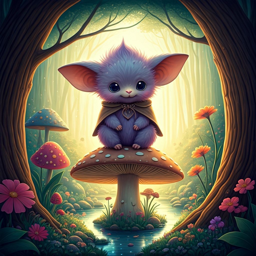 Whimsical Forest Creature on Mushroom, Storybook Illustratio...