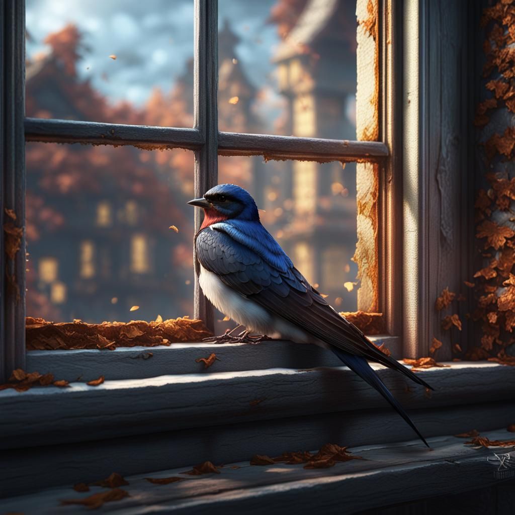 Injured Swallow on Attic Window in Detailed Matte Painting