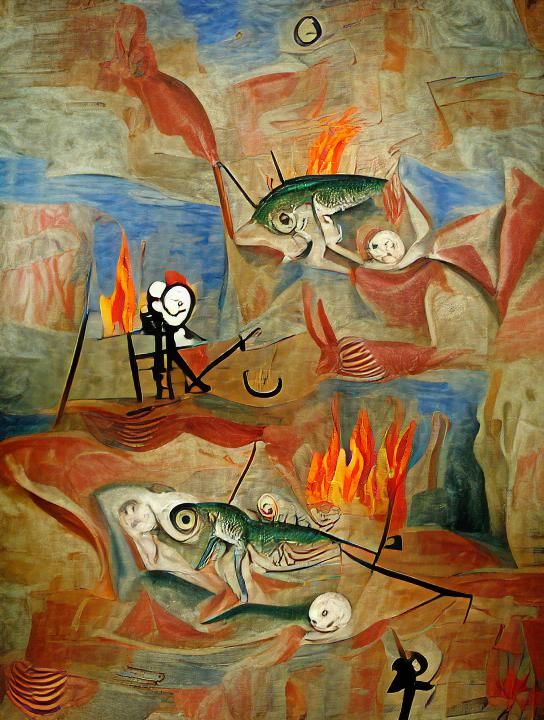 Fishing in Hell: A Picasso-Inspired Nightmare