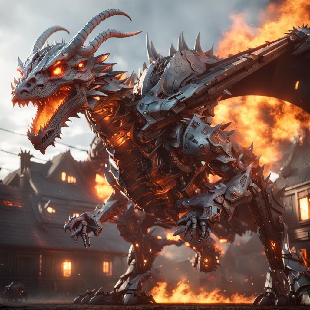 Futuristic Fire Dragon Attacks Village in 8K