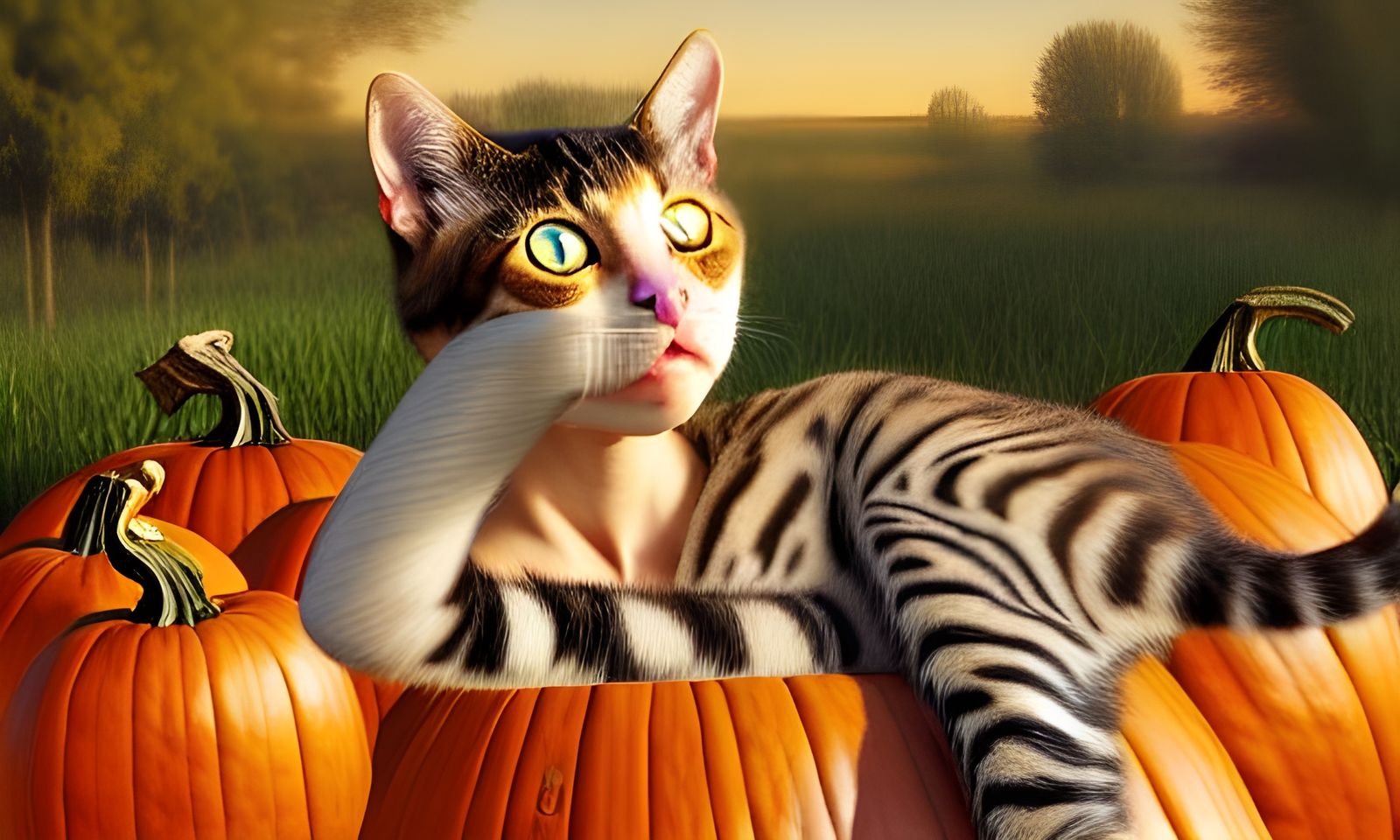 Cat Lady in Pumpkin Patch: Photo-Realistic Digital Art