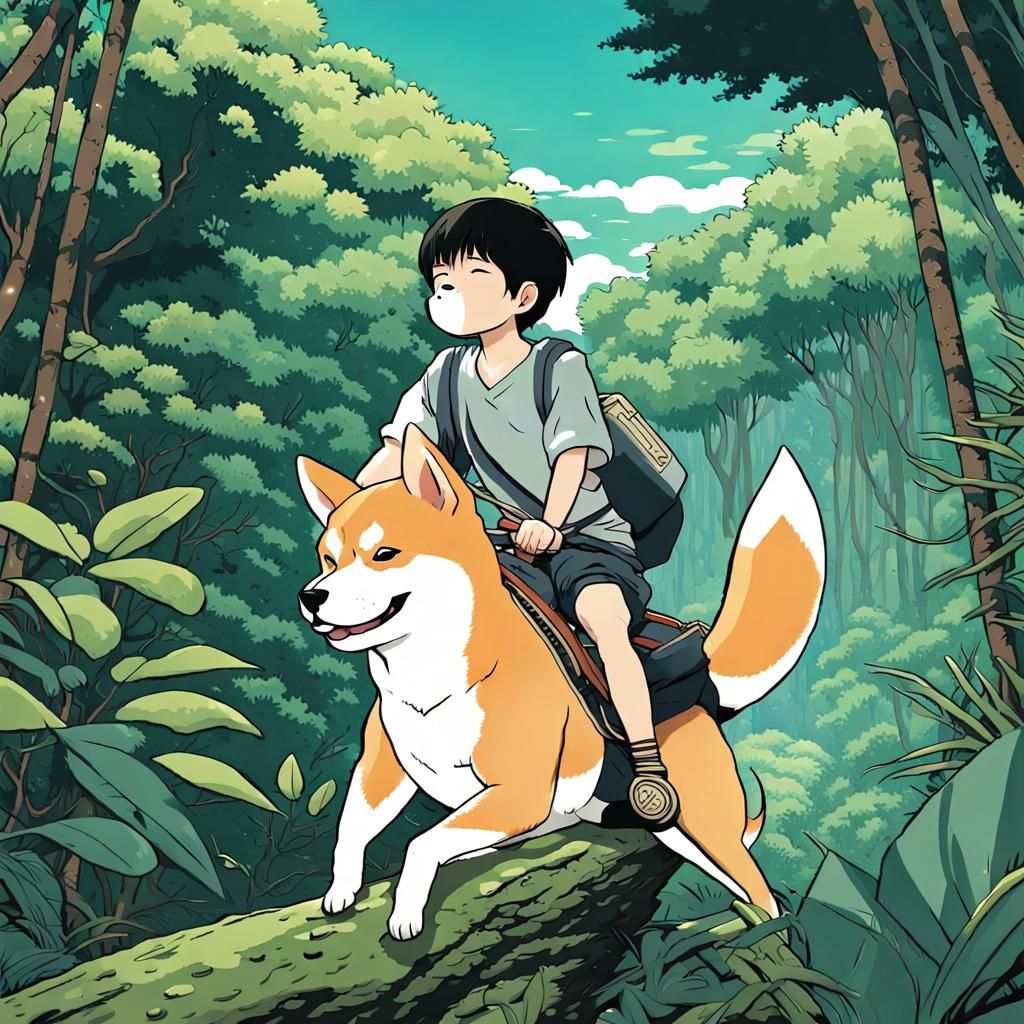 Boy Rides Shiba in Jungle: Ukiyo-e Vector Art