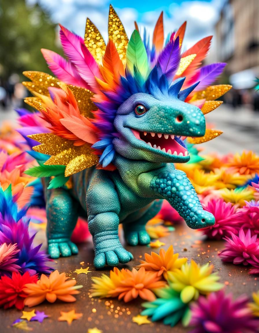 Vibrant Stegosaurus with Iridescent Feathers and Confettis