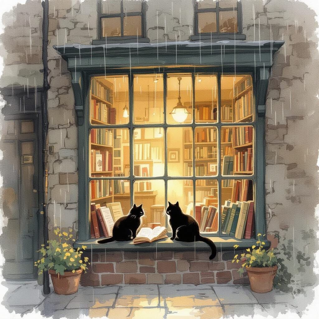 Cozy Bookshop Watercolor Painting on Rainy Day