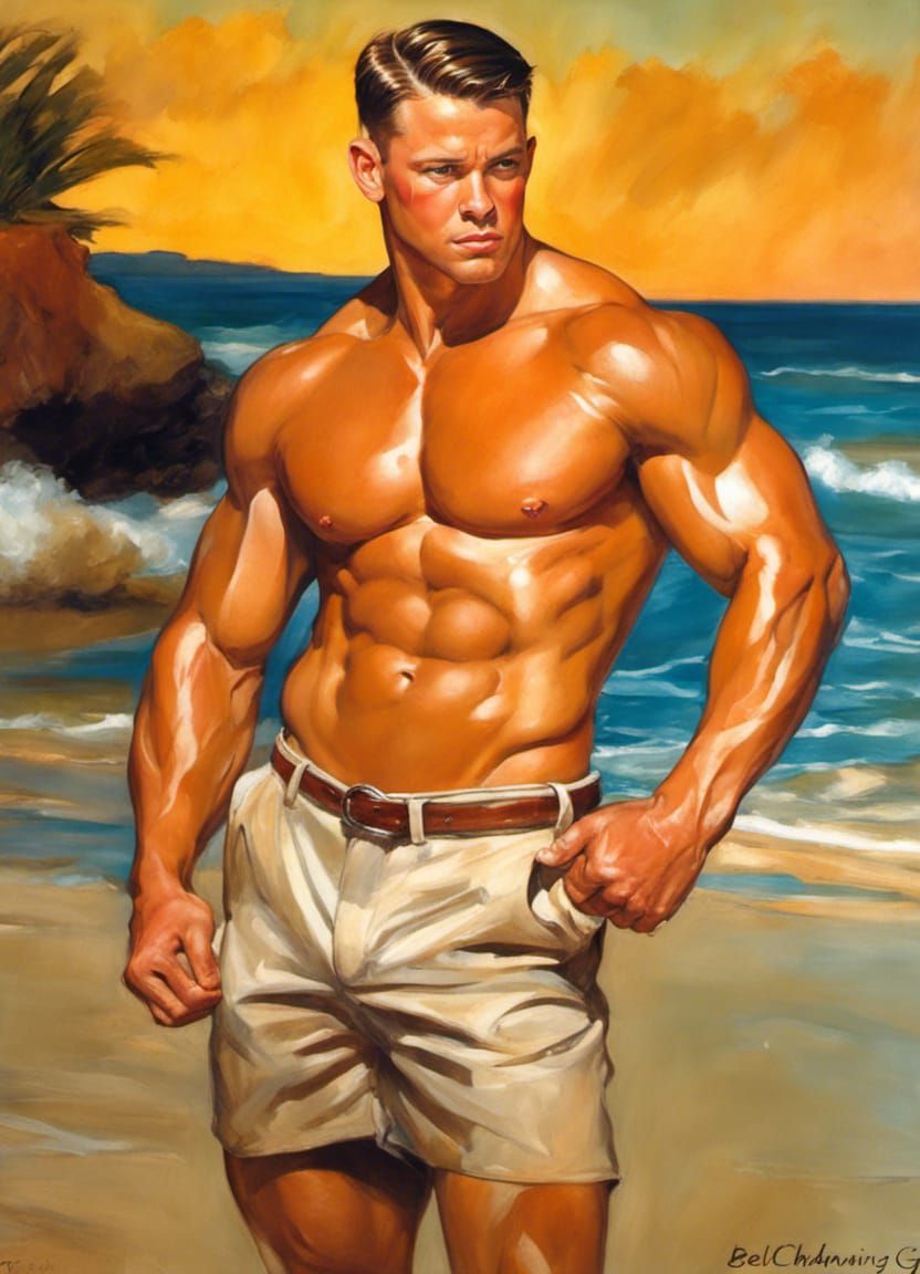 Muscular Beach Portrait in Classic Illustration Style