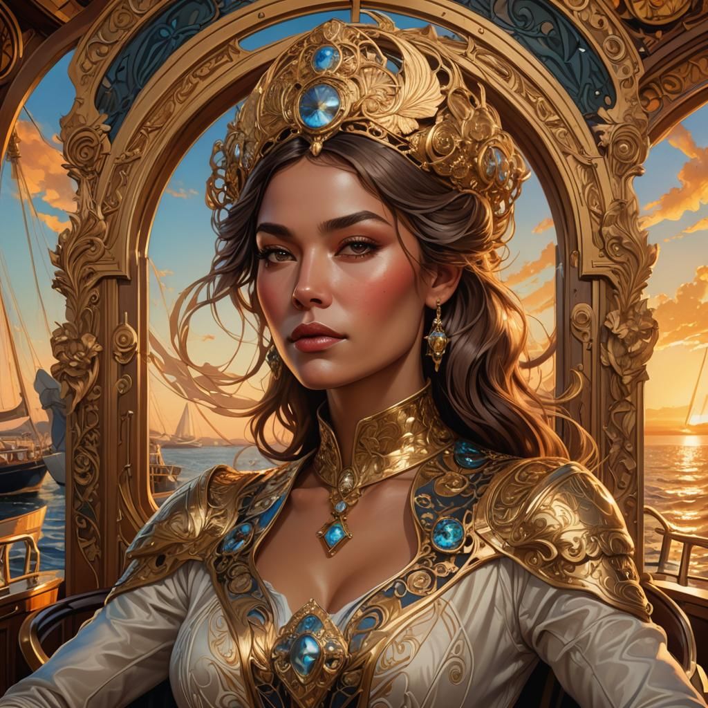 Stately Woman on Yacht: Art Nouveau Portrait