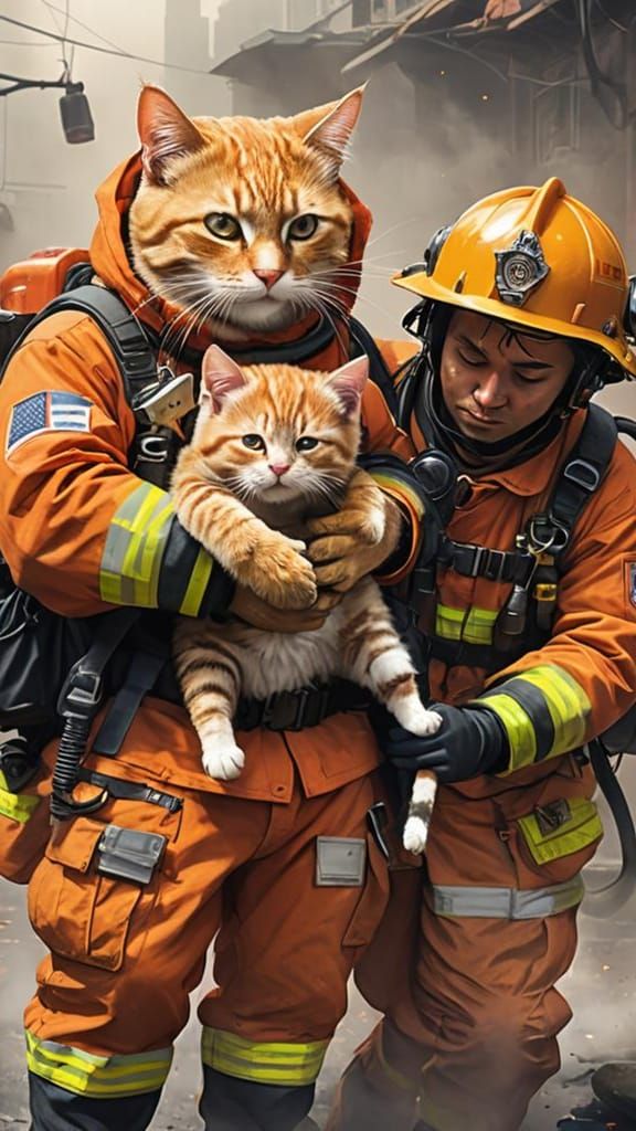 Cat Firefighter Rescue: Detailed Digital Art